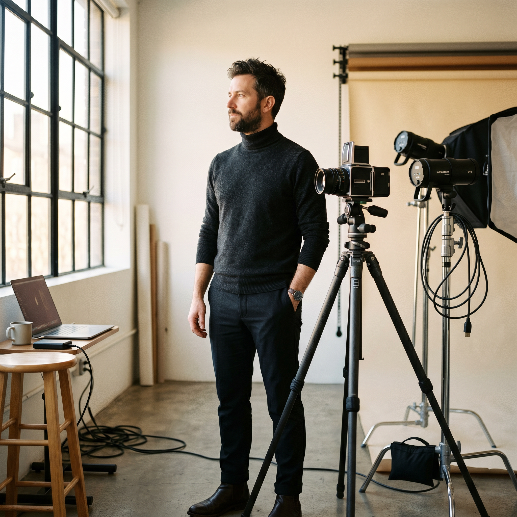 Johnny Beckett in studio next to a medium format camera