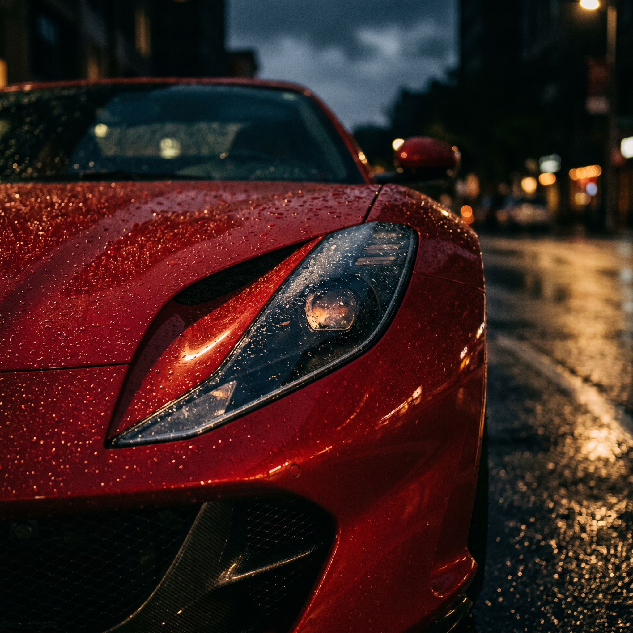 Detail of a red Ferrari with rain droplets