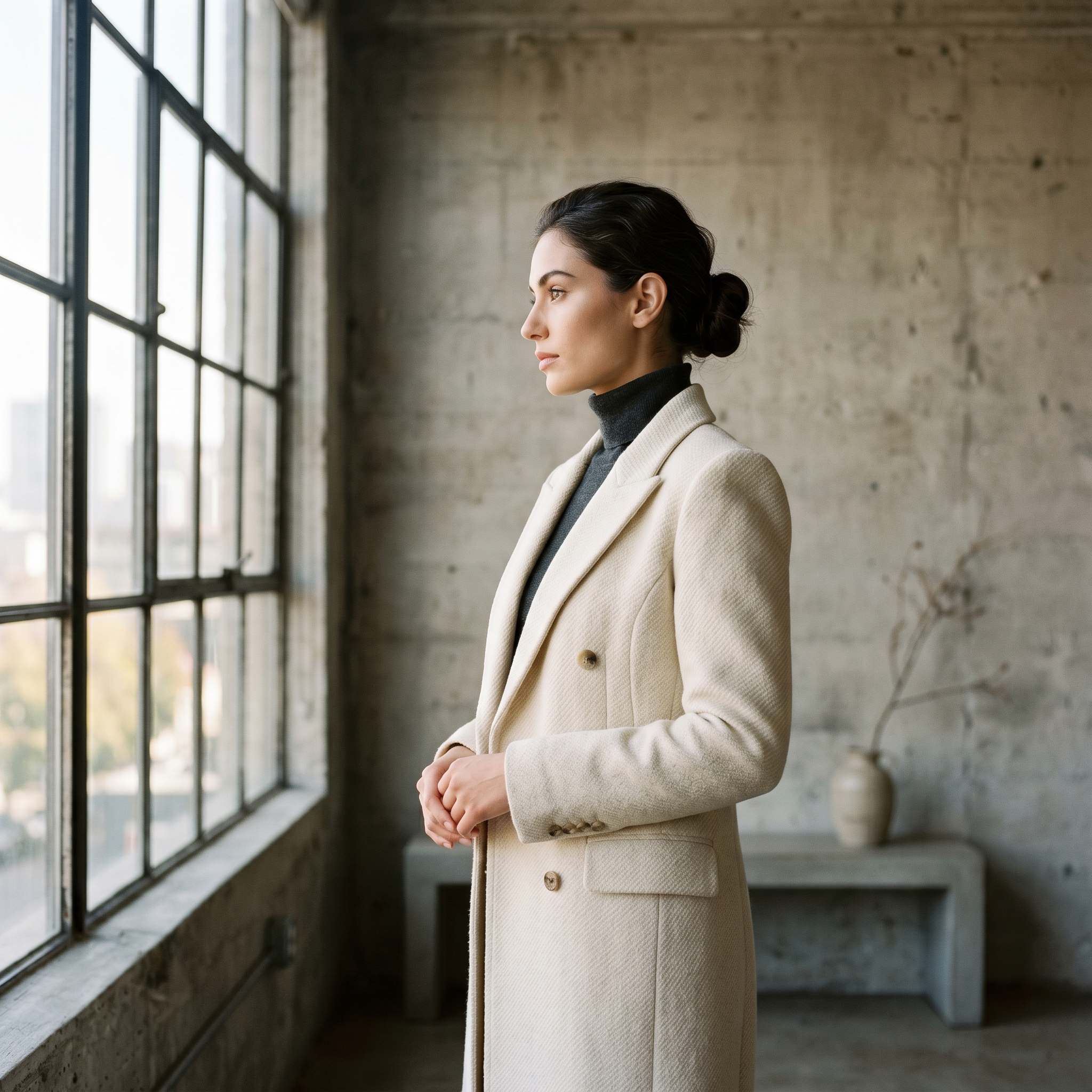 Female model in cream wool coat by a tall window