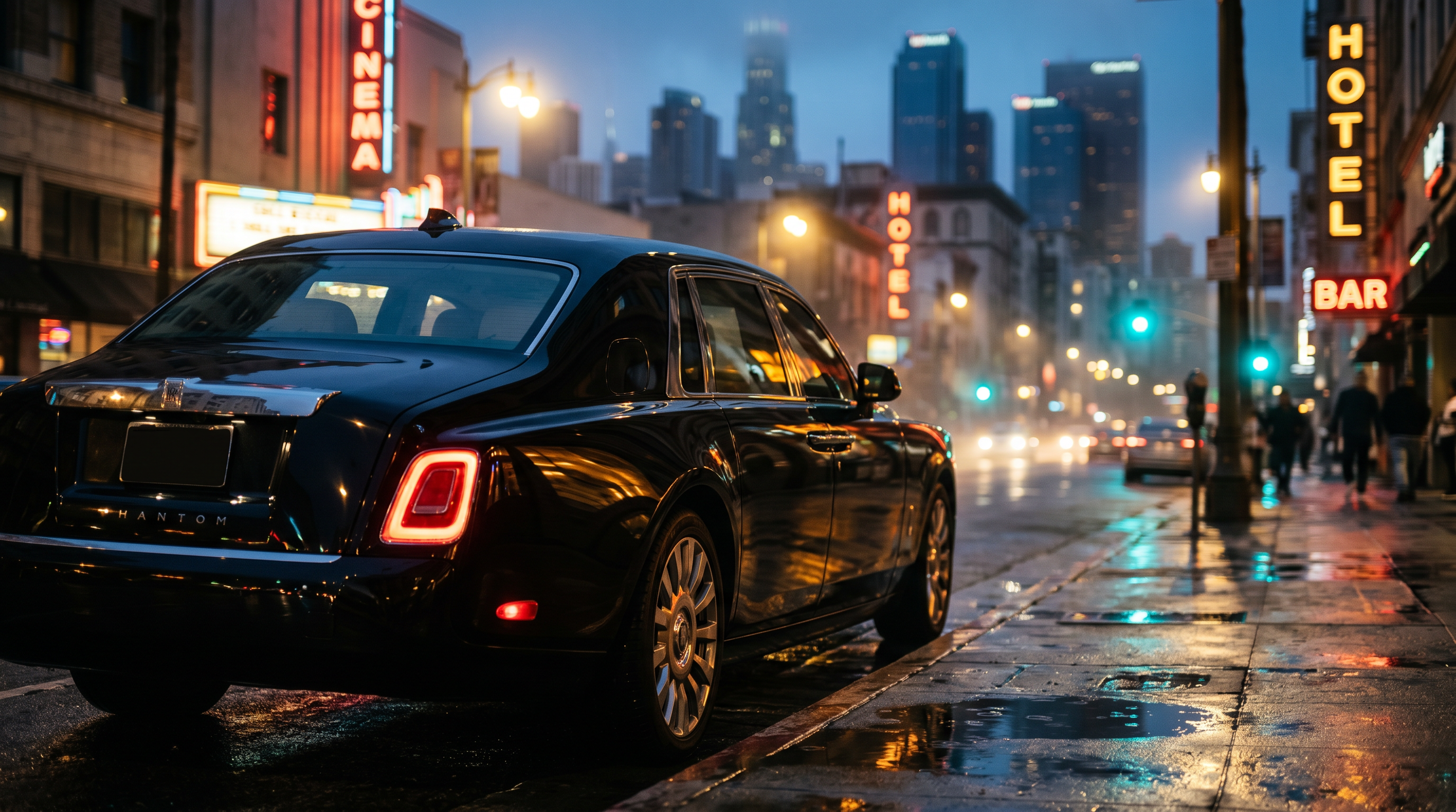 Black Rolls Royce Phantom on a wet downtown Los Angeles street at blue hour
