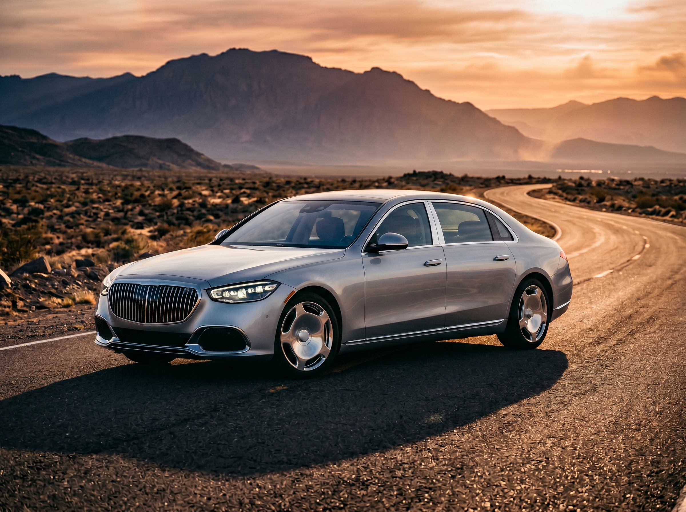 Mercedes-Maybach S-Class on a desert highway at golden hour