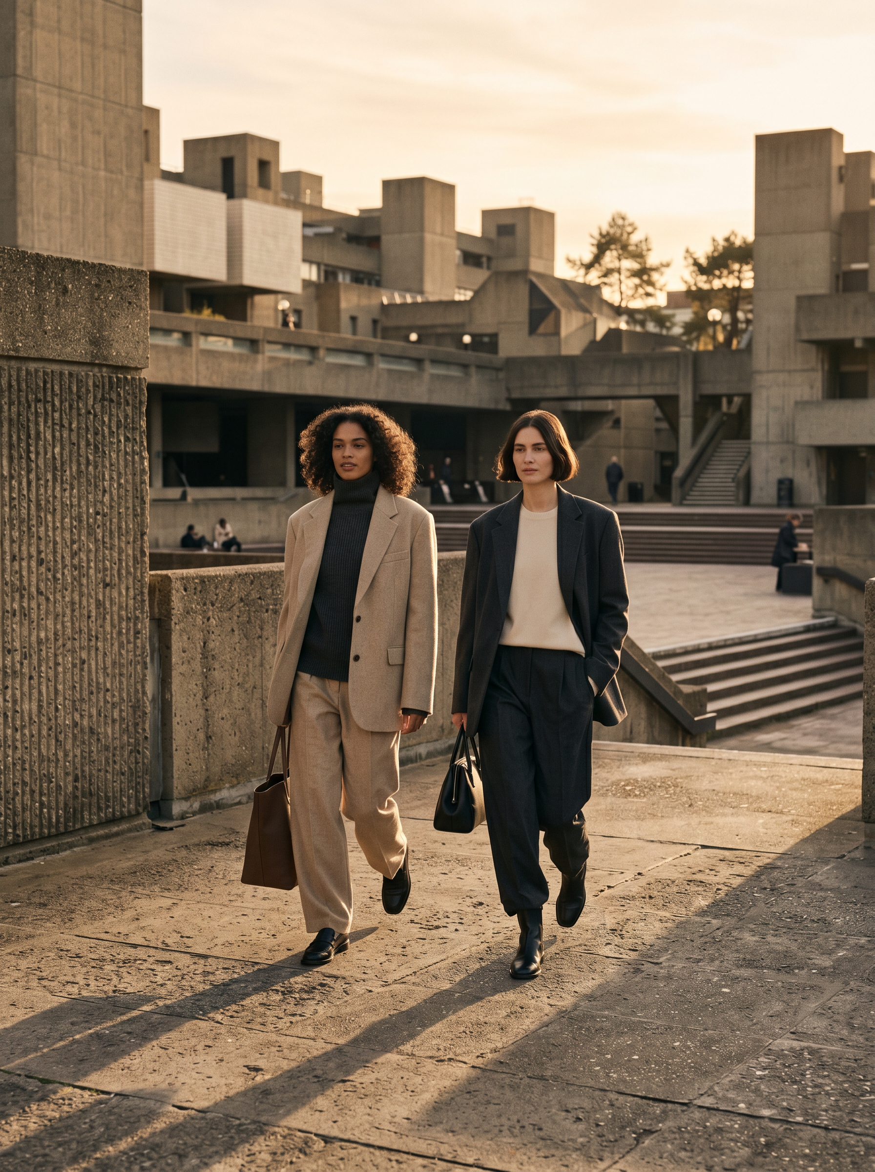 Two models in tailored suiting walking through a brutalist plaza