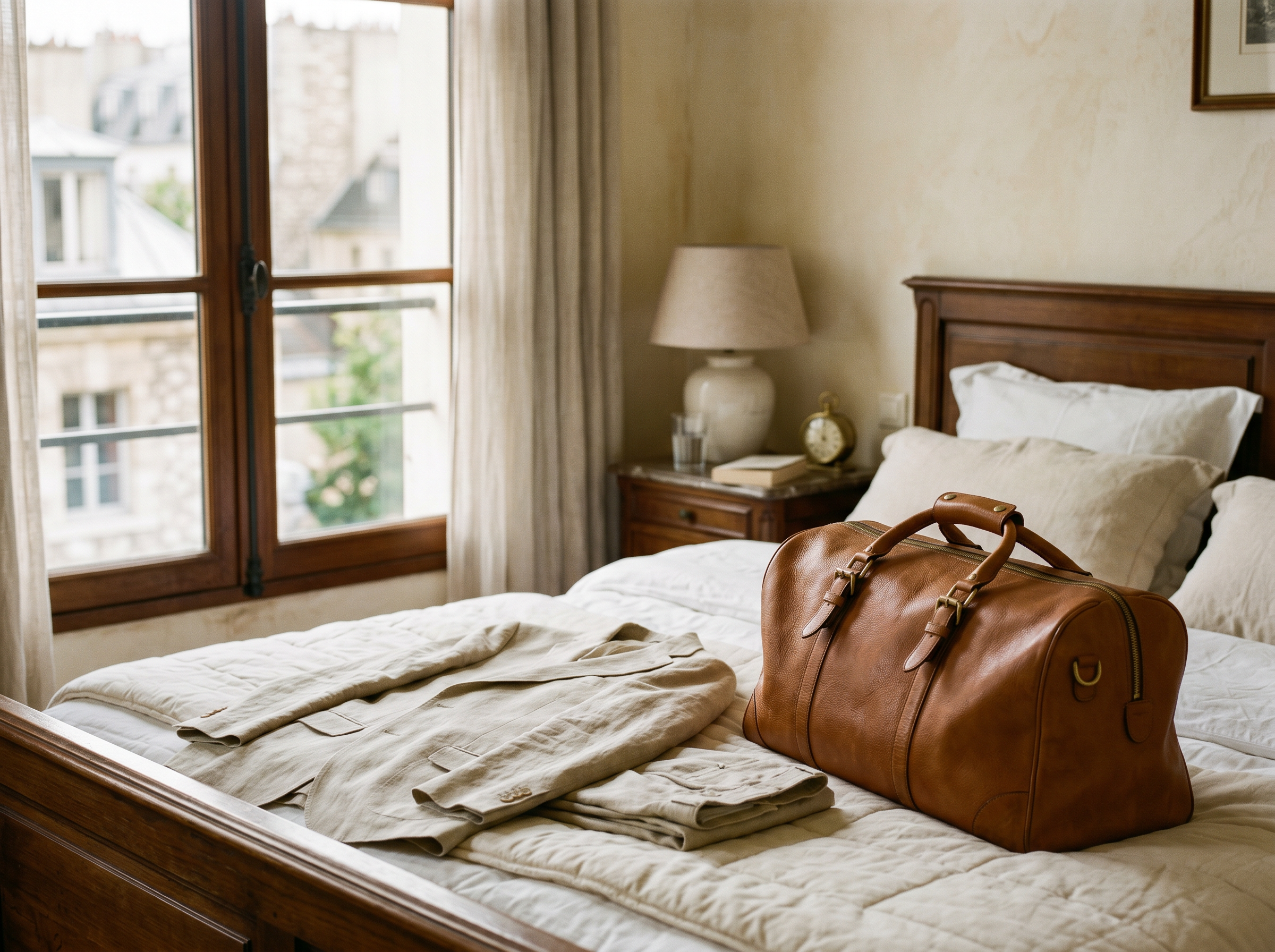 Tan leather weekender bag and folded linen suit on a hotel bed